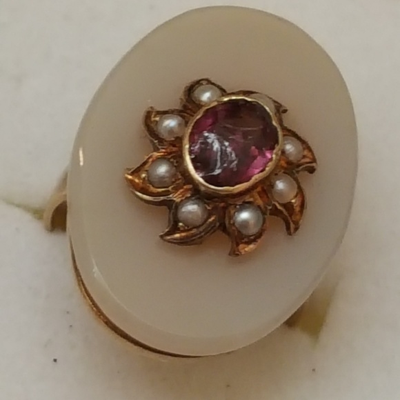 Antique Carnelian Amethyst Pearl 14k YGRing,18c